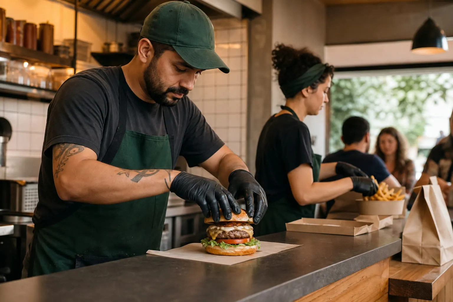Operação de hamburgueria em um estabelecimento de food service